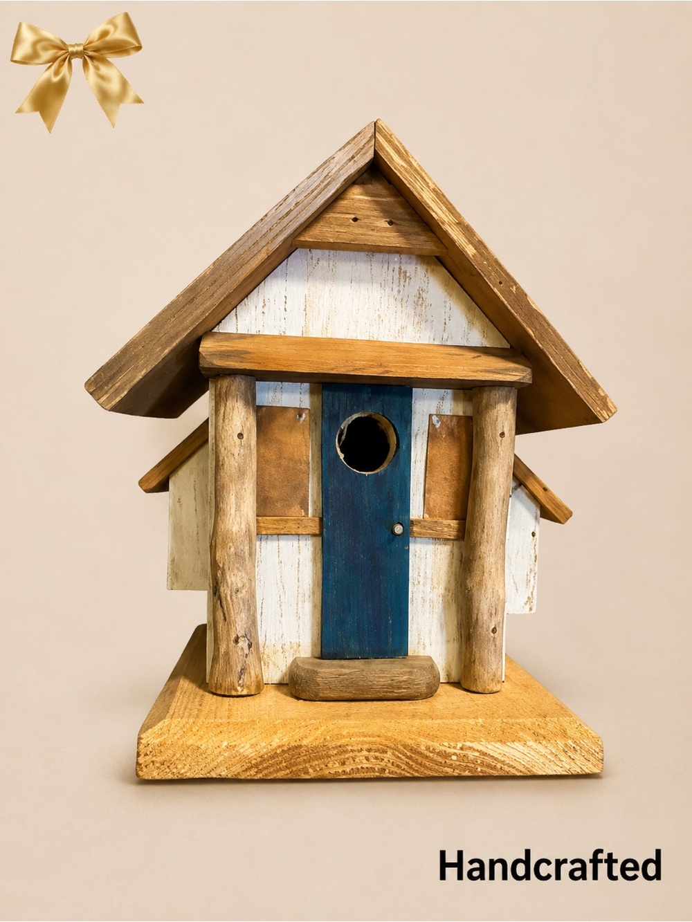 Handcrafted Wood Birdhouse - White & Brown Rustic House. 11x10 inches